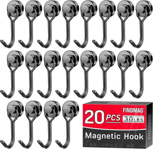 FINDMAG Black Magnetic Hooks, 30lbs+ Strong Magnetic Hooks for Refrigerator, 2025 Cruise Ship Essentials, Swivel Swing Magnet Hooks for Garage, Home Organizaton, Whiteboard, Office Supplies - 20 Pack