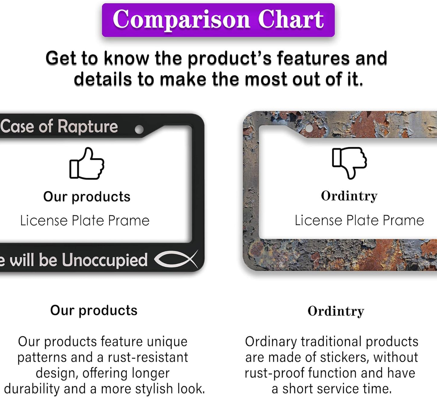 License Plate Frames Black and White License Plate Frame in Case of Rapture Vehicle Will Be Unoccupied Aluminum Metal Car Accessory 2 Pack with Screw Covers Set