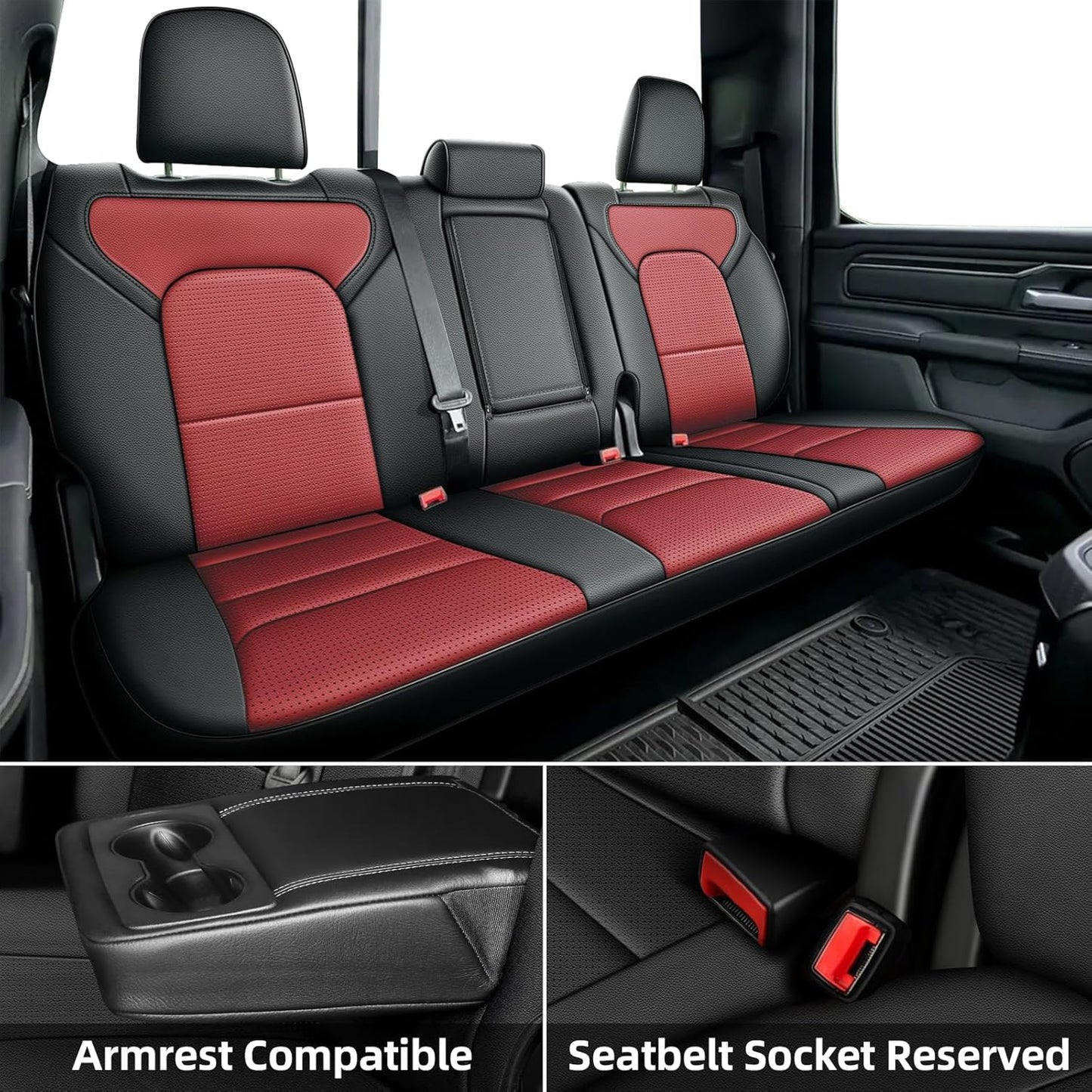 AOMSAZTO Custom Car Seat Covers for Ram 1500: 2009 2010 2011 2012 2013 2014 2015 2016 2017 2018 for Ram 2500 2010-2018 Full Set Faux Leather Seat Covers Black+Red