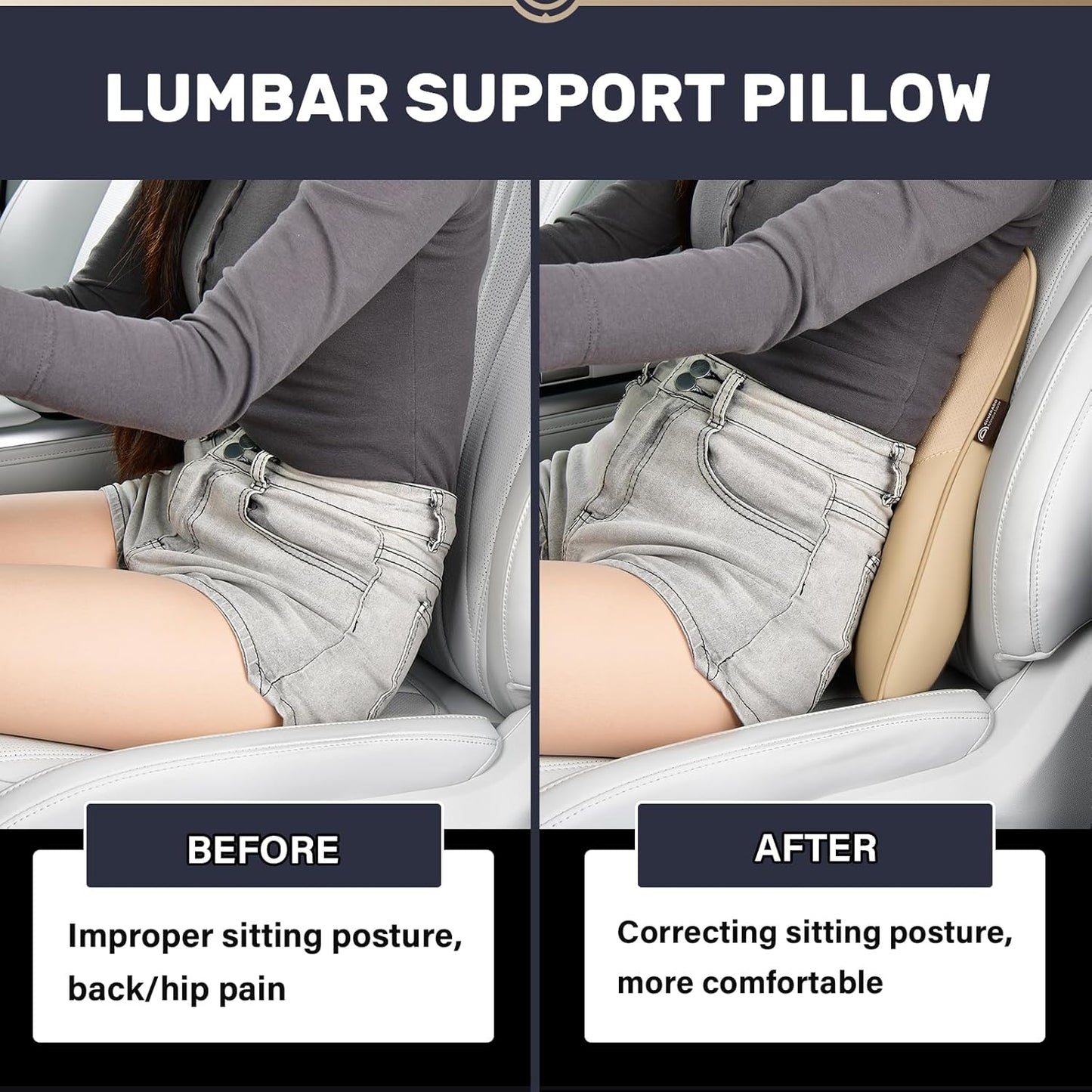 Coverado Lumbar Support Pillow for Car, Ergonomic Memory Foam Back Pillow for Office Chair, Back Cushion for Back Pain Relief, PU Leather Car Lumbar Support for Driving Seat - Beige
