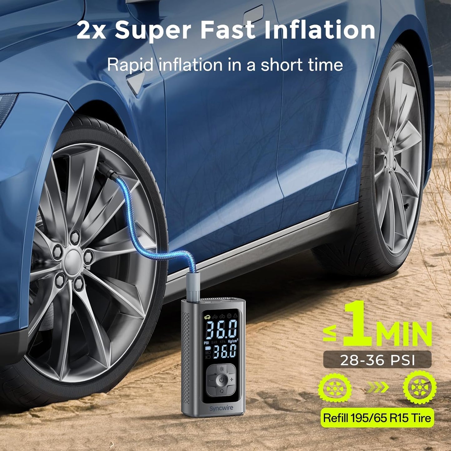 Syncwire Tire Inflator Portable Air Compressor - 150PSI 2X Faster Inflation Smart Air Pump for Car Tires [Extra-Large LCD] with Digital Pressure Gauge, Auto Shut-Off for Car, Motorcycle, Bike & Balls