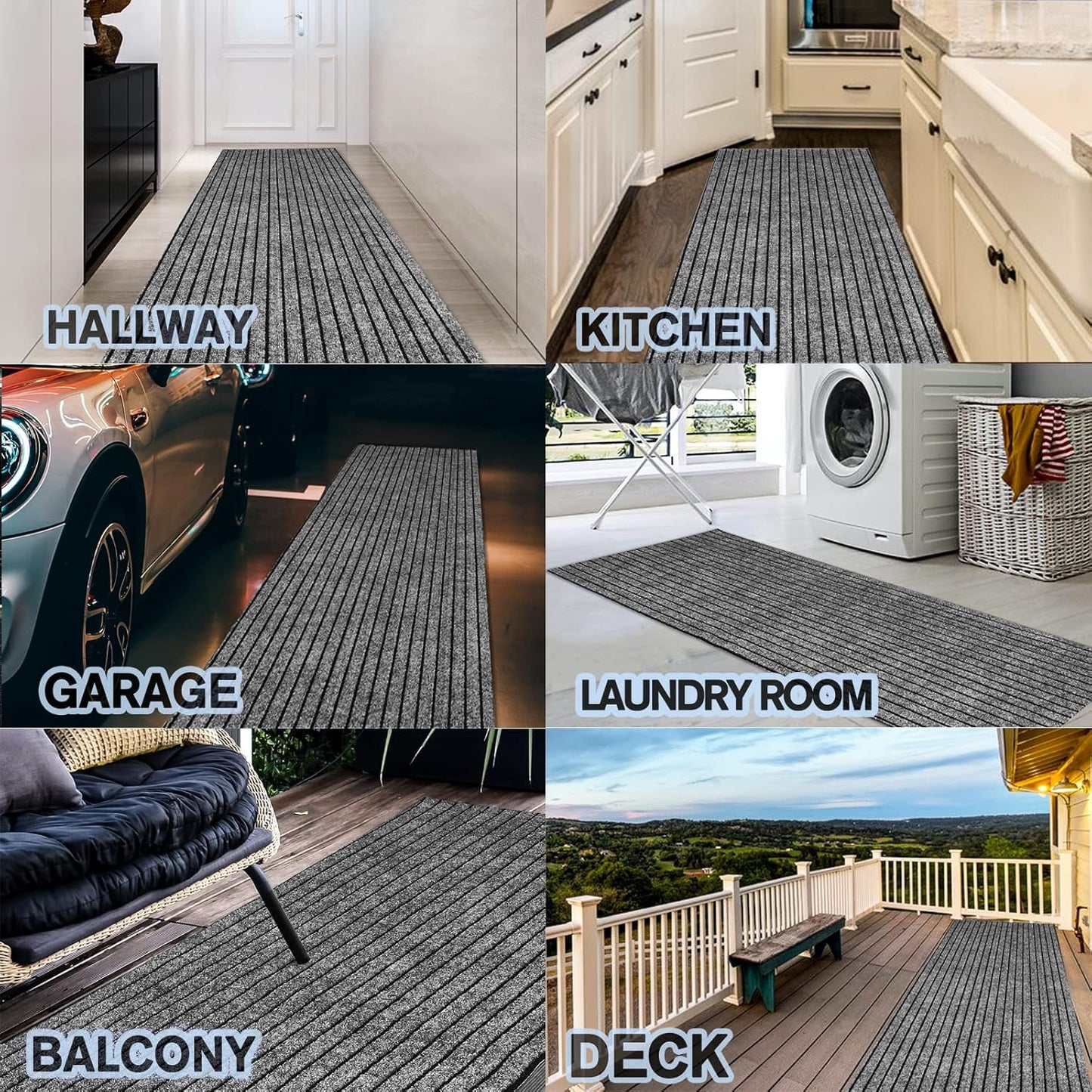 Custom Size Backed Non-Slip Area Rugs Runner, Easy Clean, Waterproof Runner Rugs for Hallway Entryway, Kitchen, Laundry, 2FT x 74FT, Gray Stripe