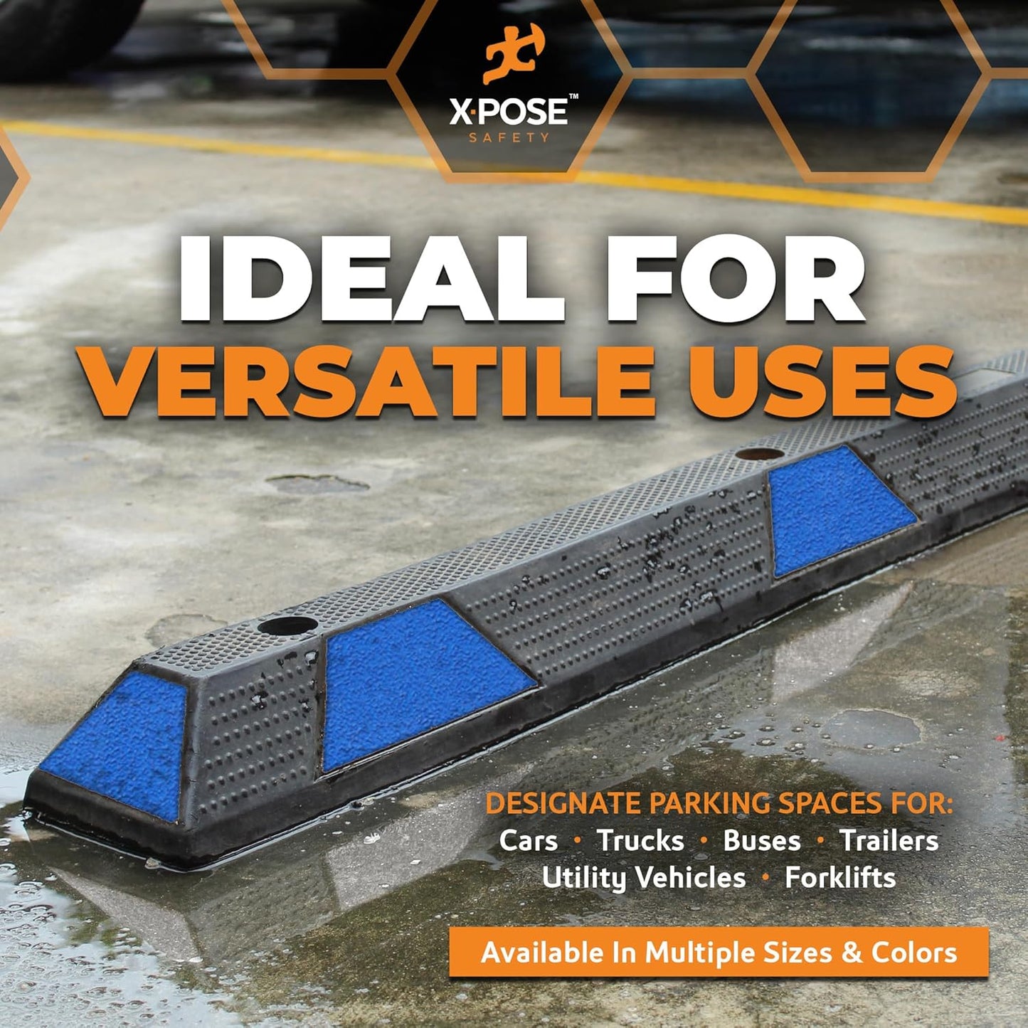 Xpose Safety 72" Heavy Duty Rubber Parking Stopper – Bulk 2 Full Pallets 100 Pack Wheel Blocks for Garage, Driveway, or Ramp – Car Bumper Stop with Blue Reflective Strips – Removable Floor Mount