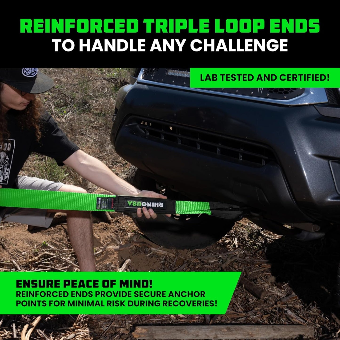 Rhino USA Recovery Tow Strap (3" x 30') - 31,518lb Break Strength - Emergency Recovery Strap Tow Rope for Truck, UTV, ATV & More - Heavy Duty Towing Strap for Offroad 4x4 Use - Compatible with Jeep