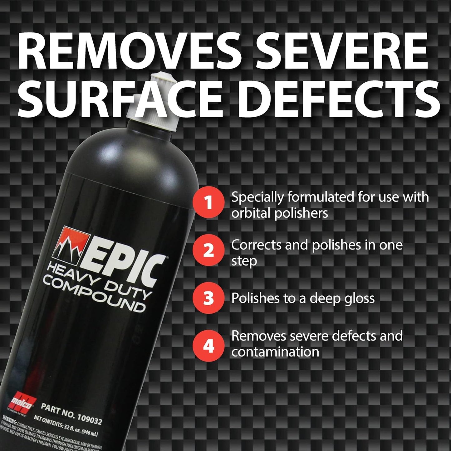 Malco Epic Heavy-Duty Car Polishing Compound – Best Deep Scratch Remover | All-in-One Compound for Polishing Car Paint | Dust-Free, Swirl-Free Finish | Removes P1500 Sand Scratches | 32 Oz. (109032)