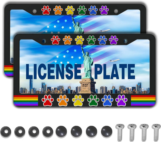 License Plate Frames for Women Multicolor License Plate Holder for Men Gay Rainbow Paw Universal Aluminum Car Accessory 2 Pack with Screw Covers Set