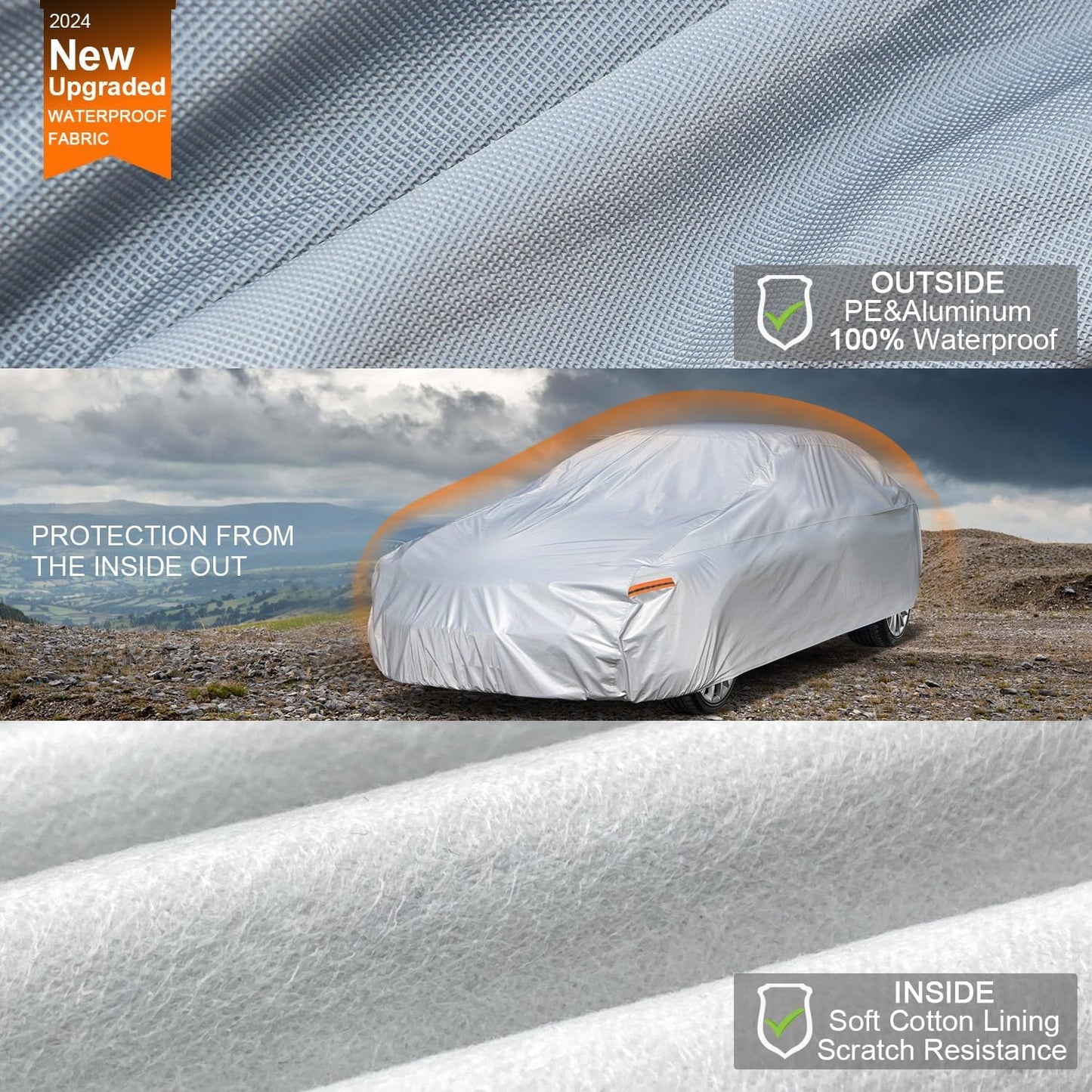 Kayme 6 Layers Car Cover Waterproof All Weather for Automobiles, Outdoor Full Cover Universal Fit for Dodge Challenger Hellcat Demon, Porsche Panamera Taycan, Rain UV Protection.(194-208 inch)