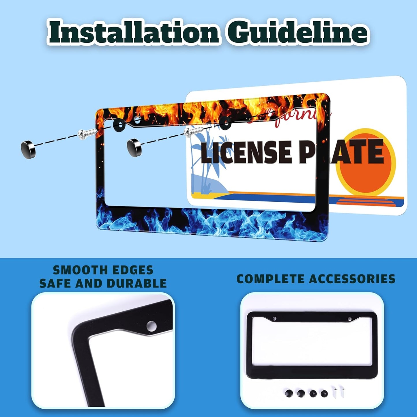 Red and Blue Flames License Plate Frame Abstract Fire License Plate Holder for Front or Rear Car Tags Stainless Steel Funny Car Decoration with Screws 6.3 X 12.2 in