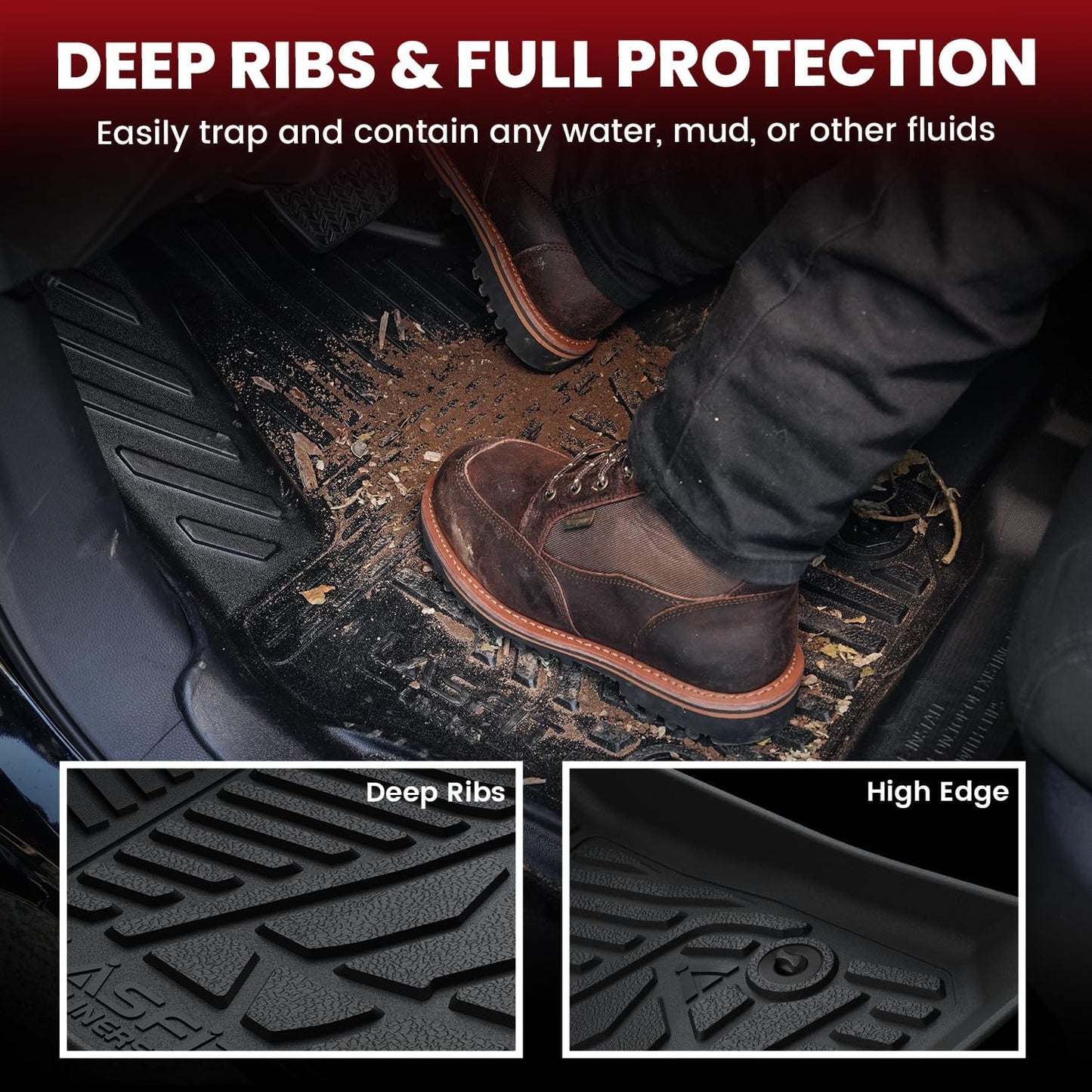 LASFIT Floor Mats for Ford F250 F350 F450 2017-2025 Crew Cab Front Bench Seat | Rear W/Fold-Flat Storage Carpet Floor Super Duty All Weather Protector TPE Car Floor Liner, 1st & 2nd Row, 2pcs Black