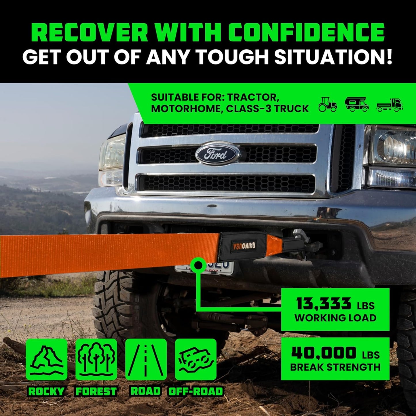 Rhino USA Recovery Tow Strap (4"x30') - 40,320lb Break Strength - Emergency Recovery Strap Tow Rope for Diesel Trucks, Backhoe, Excavators & More - Heavy Duty Towing Strap for Offroad 4x4 Use (Orange)