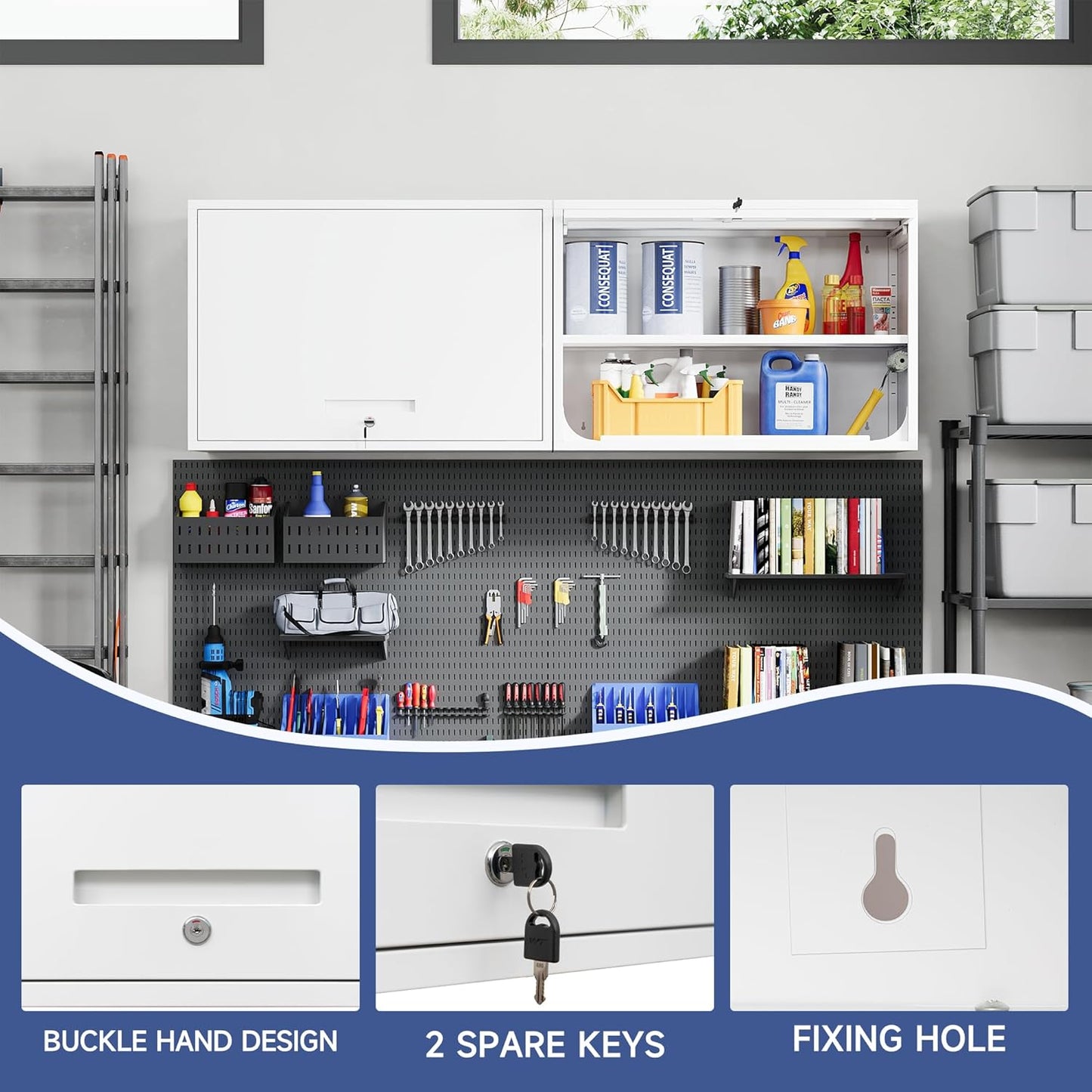 Metal Wall Cabinet with Locking Door and Shelf, Hanging Garage Cabinets with Up-Flip Doors for Garage, Warehouse, Home, Office, Assembly Required (White, One Cabinet)