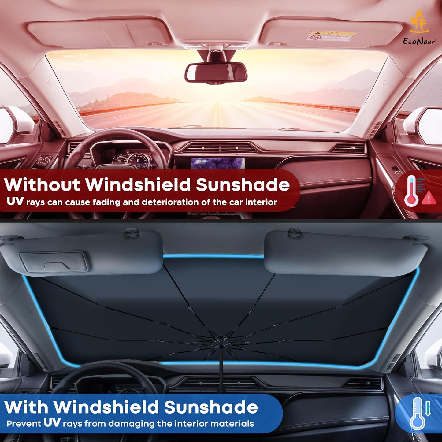 EcoNour Adjustable Car Windshield Umbrella Sun Shade | Foldable UV Protection Shade with 240T Polyester | Fits Various Windshield Angles