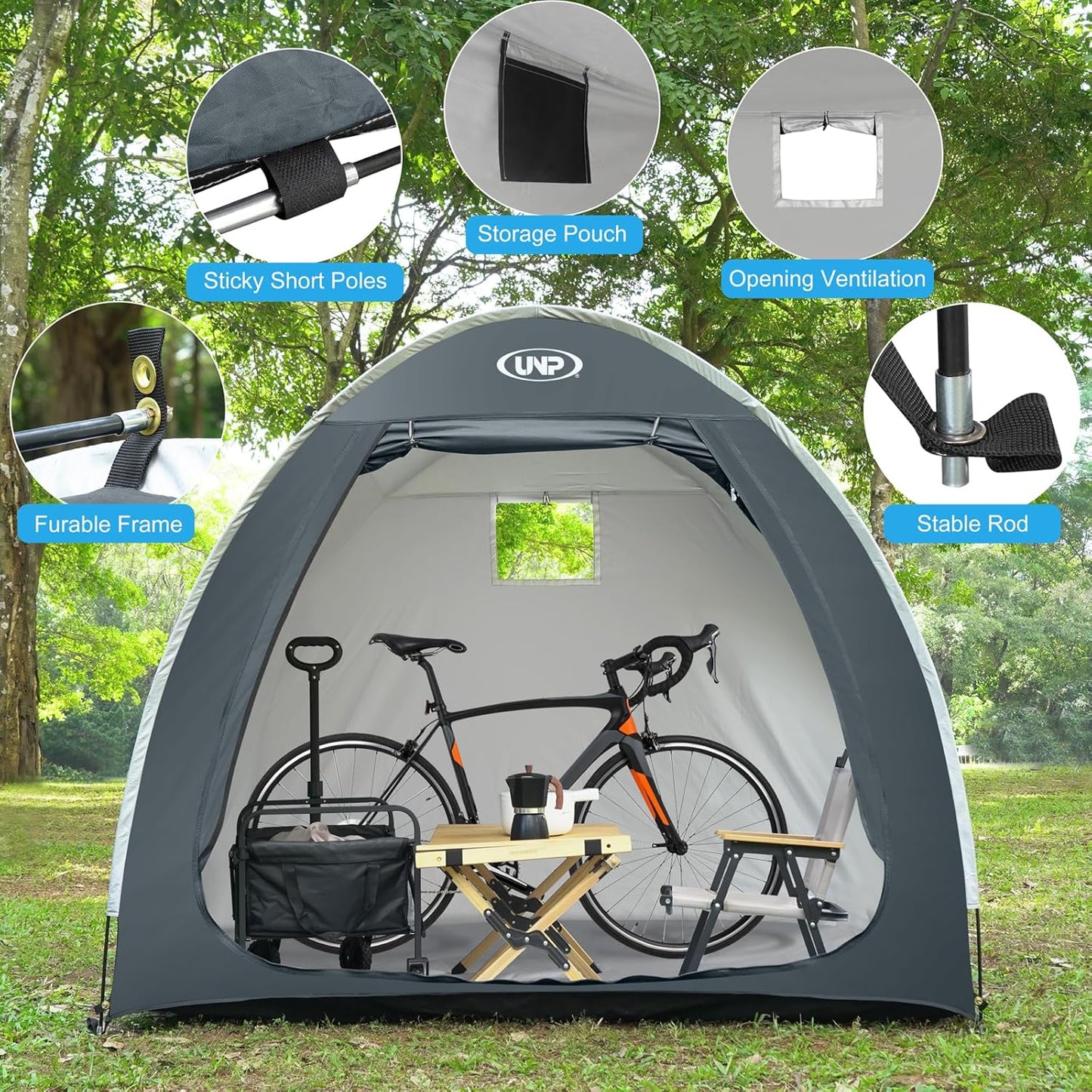 UNP Bike Storage Shed Tent, Portable Outdoor Bike Storage Tent with 210D Oxford Thick PU4000 Waterproof for 1/2/3/4 Bikes, Bike Covers Storage Shed Tent for Bicycles, Lawn Mower, Garden Tools