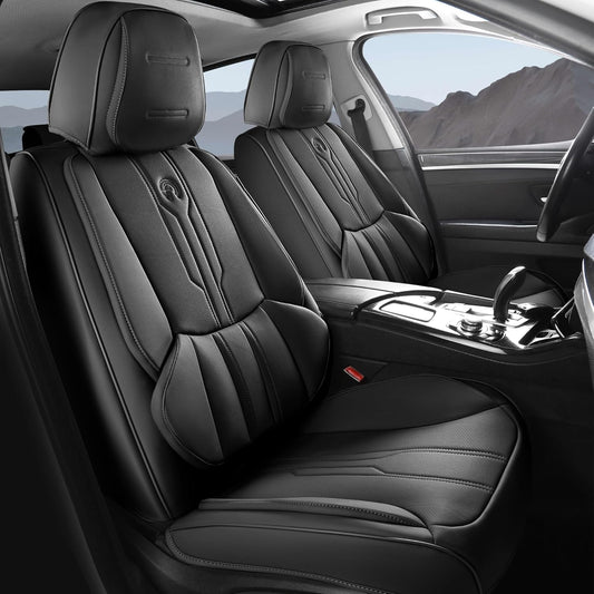 AOOG Front Seat Covers, Car Seat Covers Front Seats, Leather Seat Covers for Cars, Waterproof Seat Covers with Lumbar Support Universal Fit for Most Cars SUV Trucks(Front Pair, Black)
