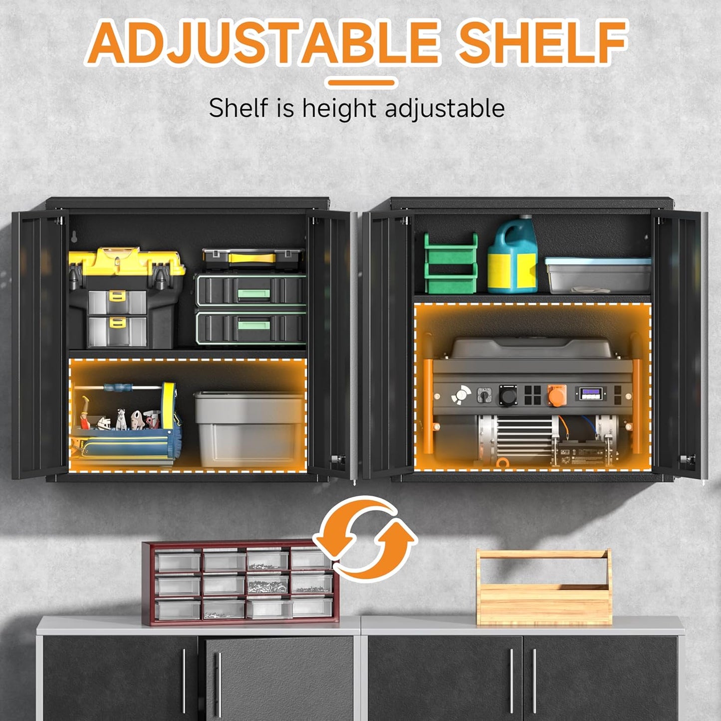 Metal Garage Wall Cabinet with 2 Doors and 1 Adjustable Shelf,Lockable Floating Tool Cabinet with Pegboard,Black Steel Storage Cabinet for Kitchen,Office,Garage,Laundry,Warehouse(Black, 26" H)