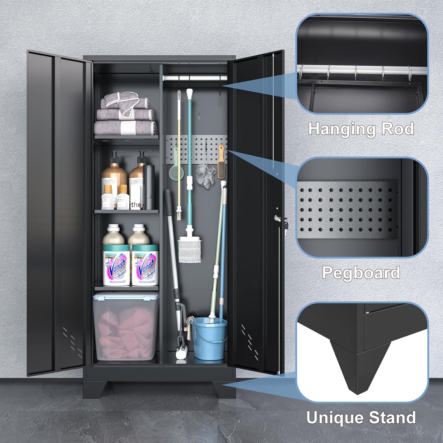 Metal Storage Cabinet,61" Tall Storage Cabinet,Utility Cabinet for Brooms and Mops,Laundry Room Cabinets,Tool Lockable Organization,Black