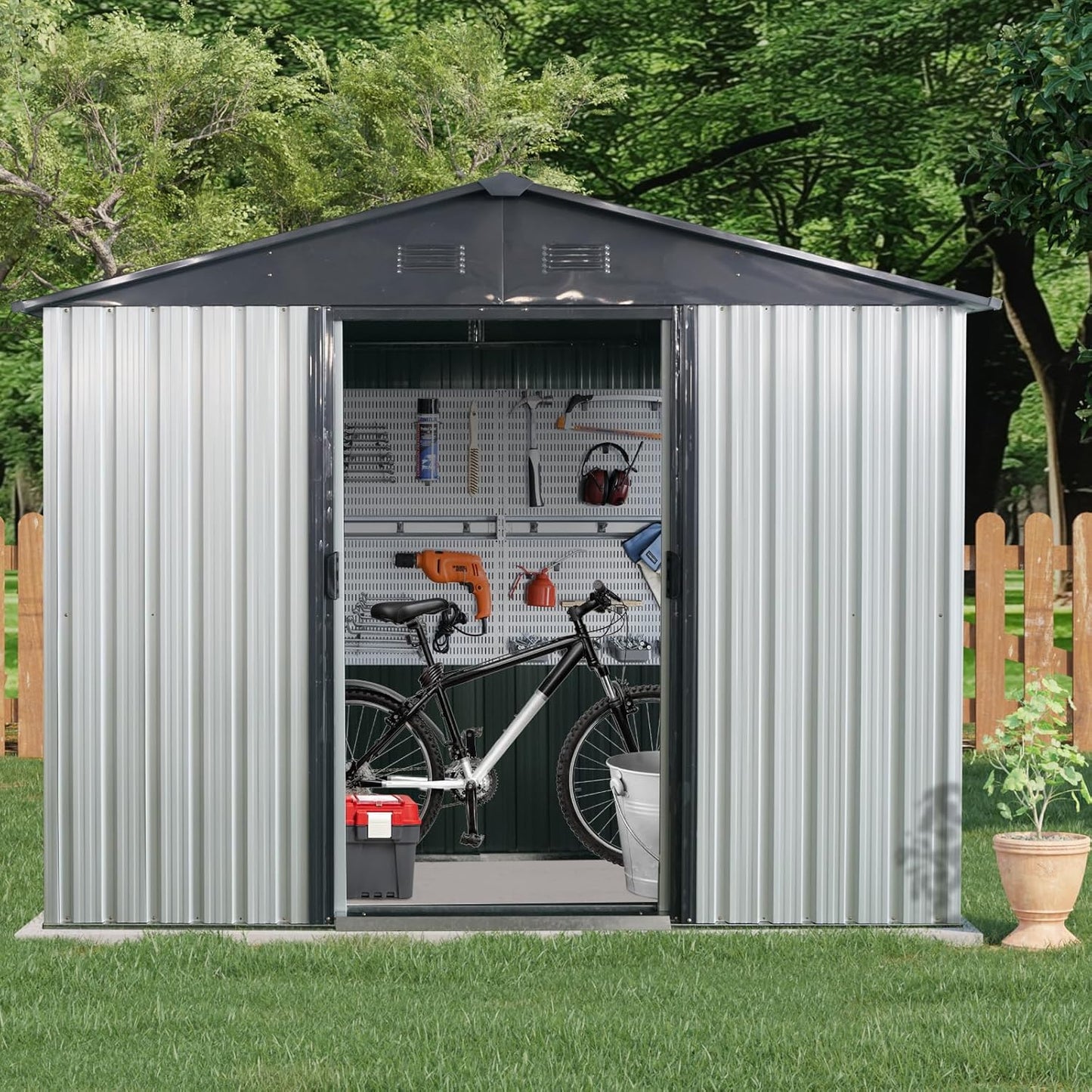 4x8 FT Outdoor Storage Shed, Metal Garden Shed with Frame Floor, Outside Tool Shed with Window, Waterproof Storage Building with Lockable Sliding Doors & Sloped Roof for Backyard, Patio, White+Black
