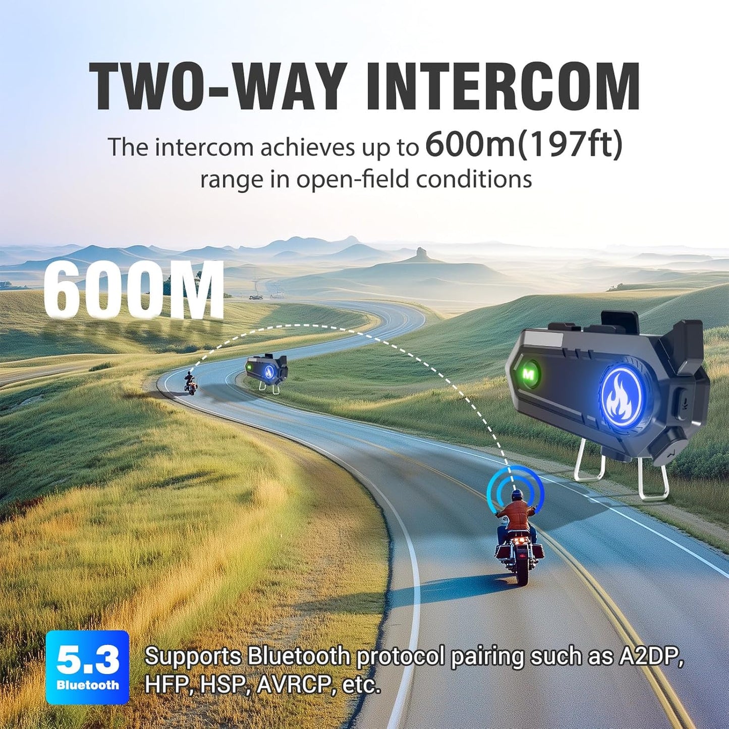 Motorcycle Helmet Bluetooth Headset, Bluetooth Motorcycle Helmet with 2 Type Mics, Intercom/Hands-Free Call/Music/Waterproof/Noise Cancellation/Wake Up Siri, Compatible with All Helmets