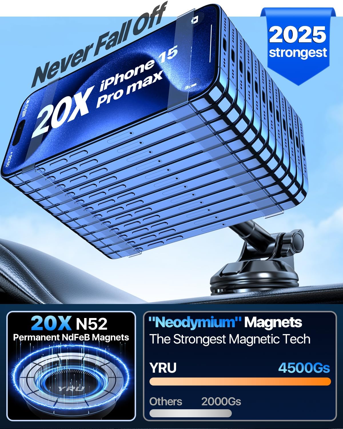 YRU [2025 Upgraded] Magnetic Phone Holder for Car【Patented & Super Magnet】 for MagSafe Car Mount Dashboard Magnet Phone Holder Windshield Phone Stand for iPhone 16 15 14 13 12 Pro Max Samsung, Black