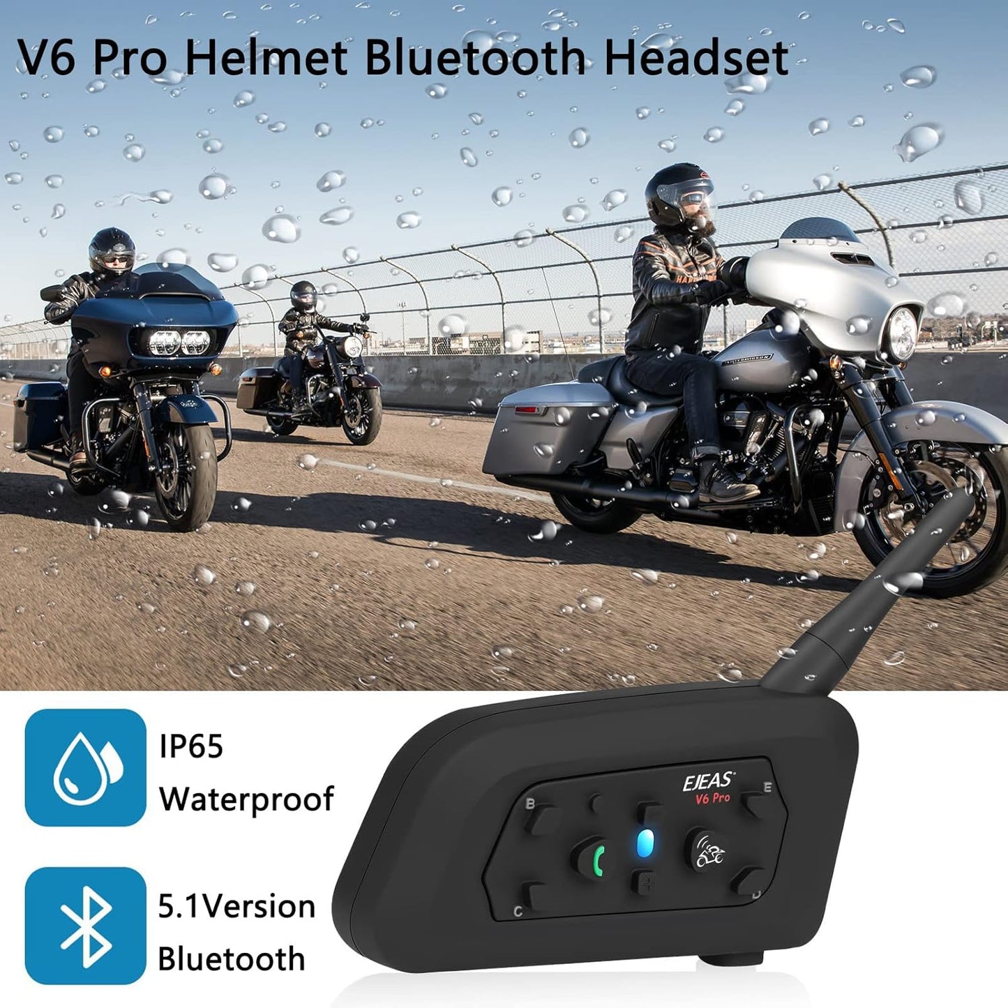 V6 Pro Motorcycle Helmet Bluetooth Intercom Headset 1200M 2 People Full Duplex Wireless Motorbike Interphone Connect Up to 6 Riders for Motorcycling Skiing and Climbing (2 Pack)