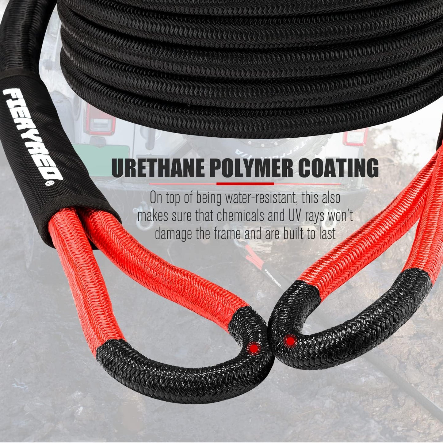 FieryRed Kinetic Energy Recovery Rope 30FT 7/8 Inch- Power Stretch Snatch Strap Vehicle Tow Rope with Reinforced Loops Protective Sleeve Tote Bag for Off-Road 4x4 ATV UTV Pickup