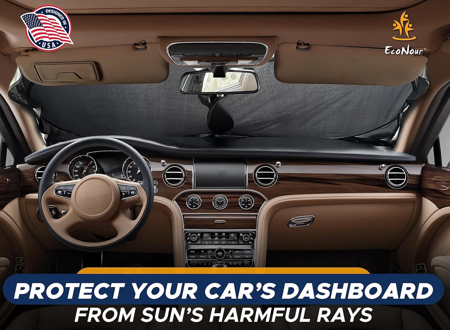 EcoNour Car Front Windshield Sun Shade for Car | SUV Accessories for Maximum Sun and Heat Protection | UV-Blocking Windshield Dash Cover & Sun Visor for Cooler Interior | Large (64 x 34 Inches)