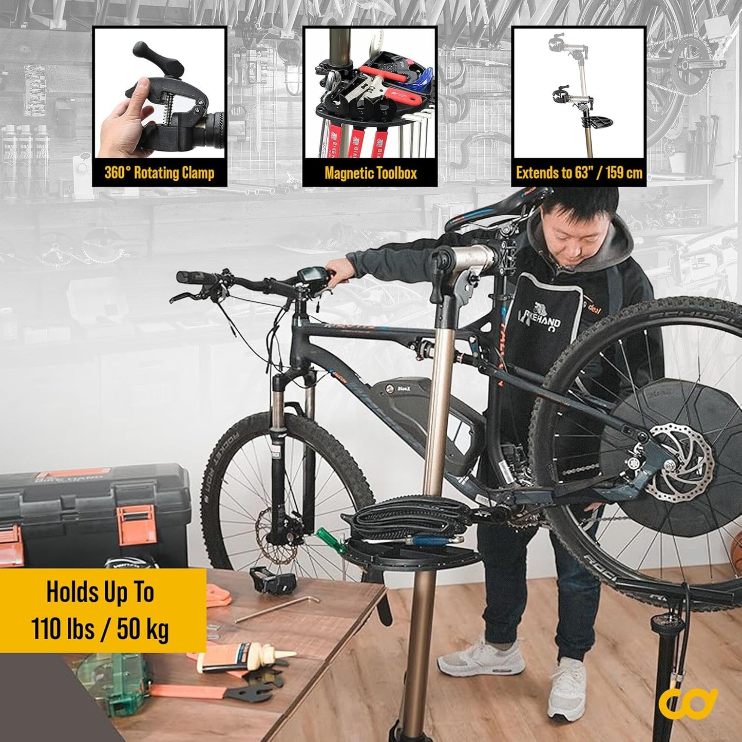BikeHand Bike Repair Stand | Lightweight & 360 Adjustable Home Bicycle Mechanics Workstand w/Magnetic Tool Plate | Quick Release Portable Bike Maintenance Stand for Mountain & Road Bike
