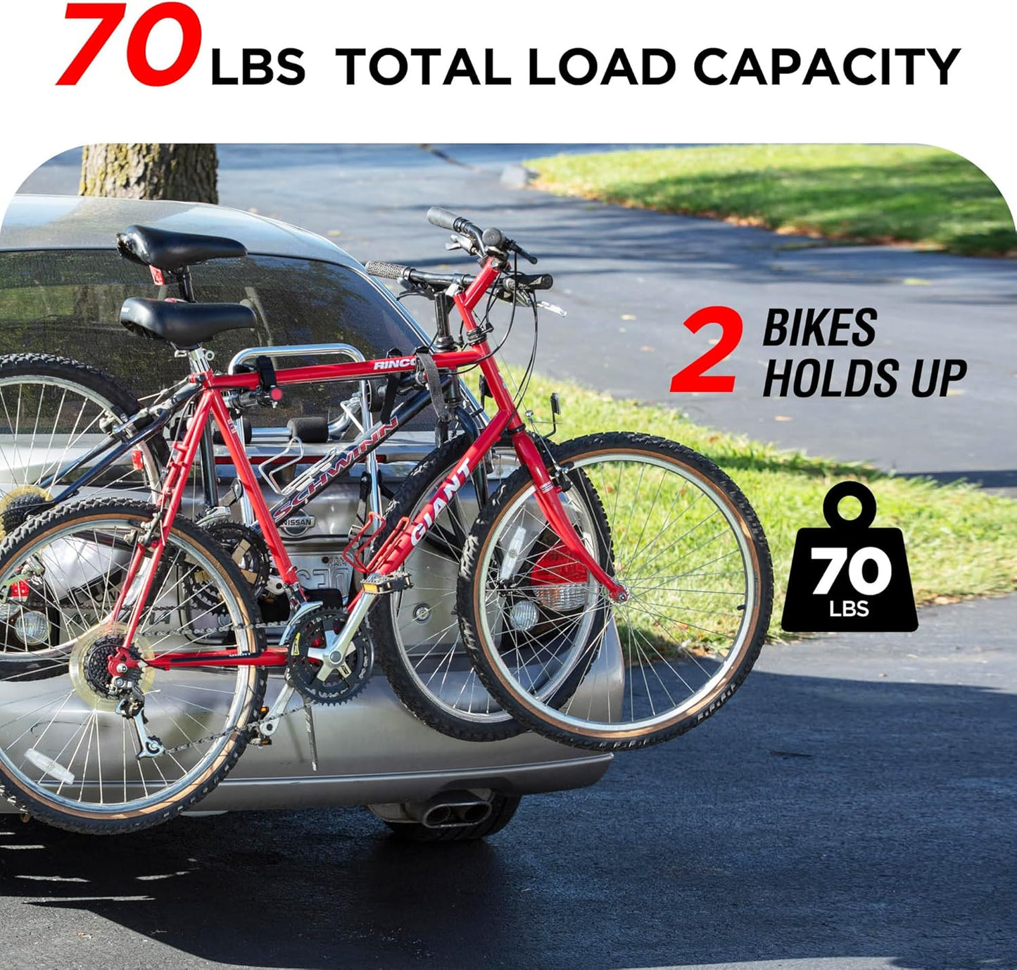 Rockland Aluminum 2-Bike Rack, 70 lbs Capacity, Lightweight Trunk Mount Bike Rack with Hooks and Loops, Fits 2" Receiver for Cars SUVs Minivans