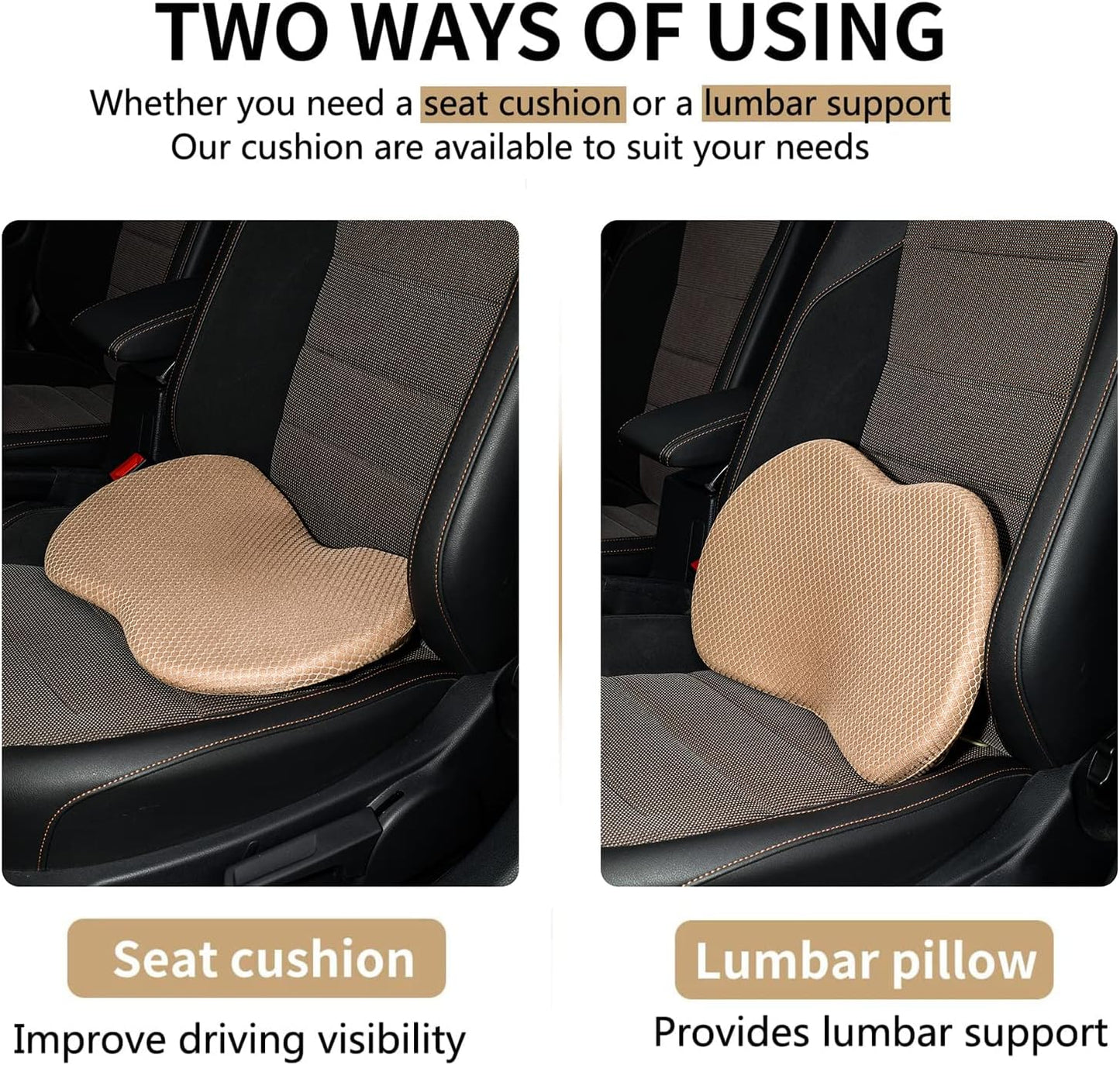 Car Seat Cushion - Memory Foam Car Seat Pad - Sciatica & Lower Back Pain Relief - Car Seat Cushions for Driving - Road Trip Essentials for Drivers(Beige)