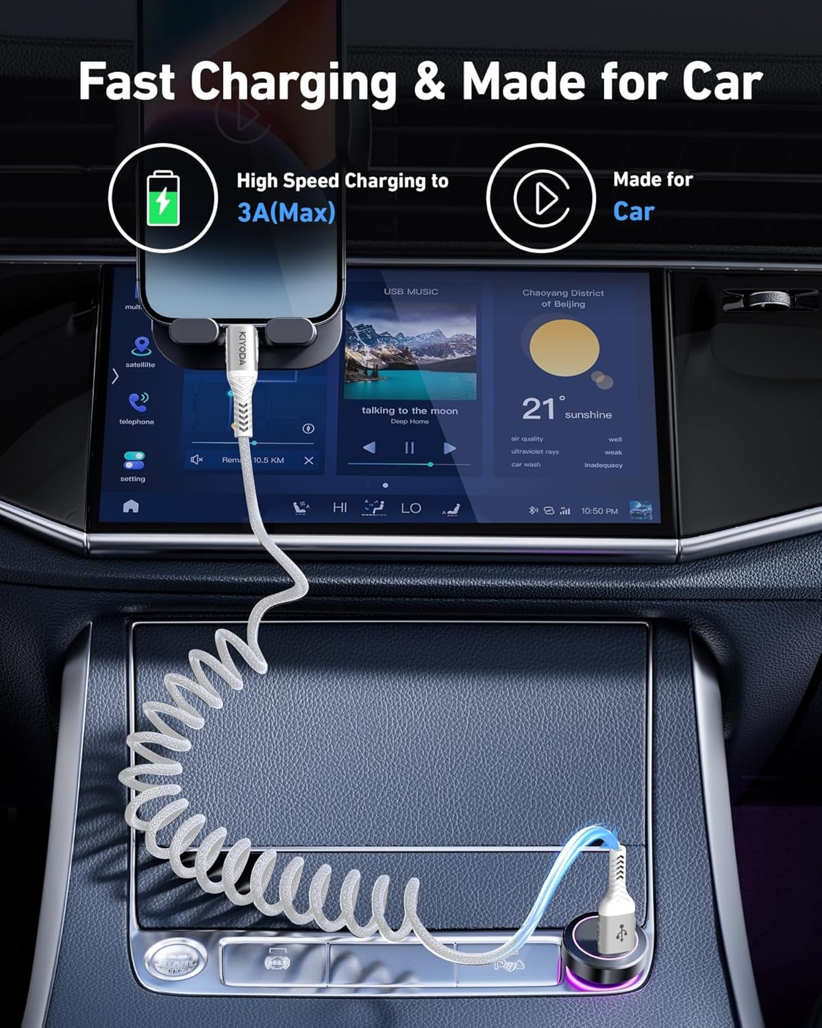 USB A to USB C Cable Fast Charging 66W, 2Pack 3FT Coiled Braided USBC Phone Charger Cables for Car, Short USB to USB Type C Cord for iPhone 16 15 Pro Max, Samsung Galaxy S24 S23 and More-Silver