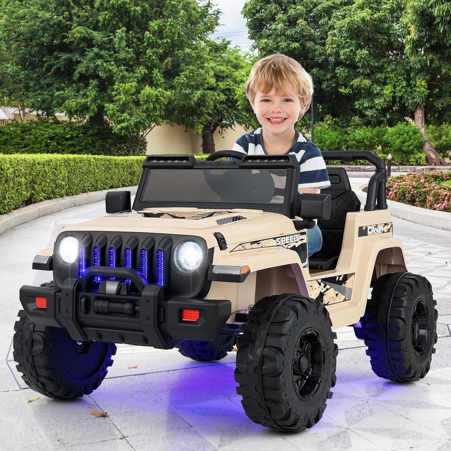 INFANS Kids Ride on Car Truck with 2.4G Remote Control, 12V Battery Powered Electric Cars for Kids w/3 Speeds, Battery Display, LED Lights, Safety Belt, Music & Horn, Bluetooth/FM/USB (Khaki)