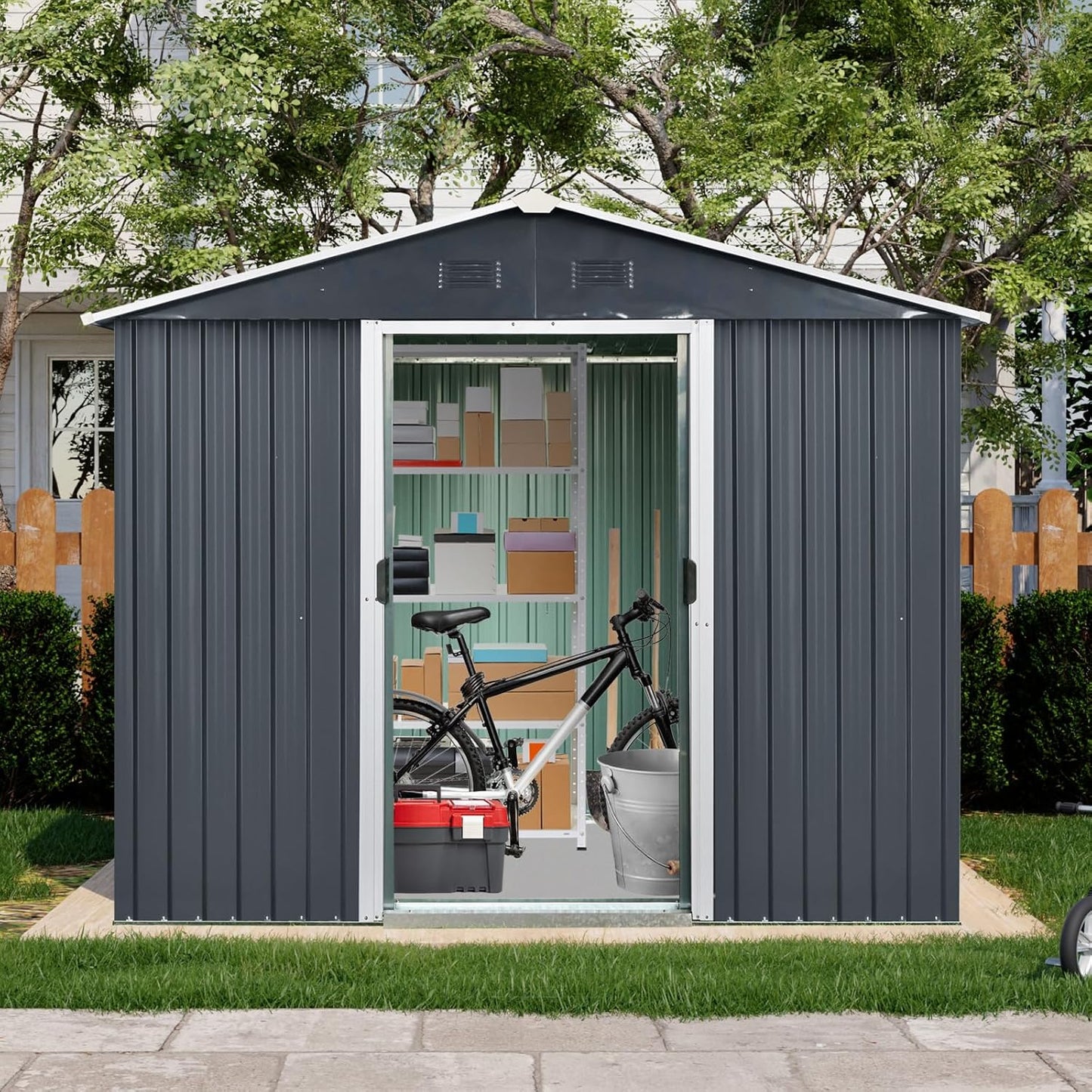 4x8 FT Outdoor Storage Shed, Metal Garden Shed with Frame Floor, Outside Tool Shed with Lockable Sliding Doors, Waterproof Storage Building with Sloped Roof for Backyard, Patio, Lawn, Black
