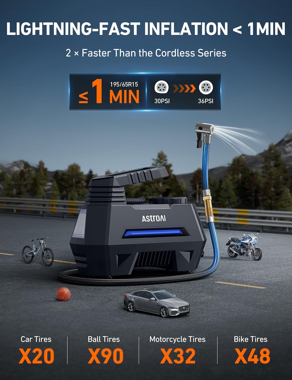 AstroAI Tire Inflator Portable Air Compressor Tire Air Pump for Car Tires - Car Accessories, 9.8Ft Cord-12V DC-Powered Auto Pump with Digital Pressure Gauge, LED Light for Bicycle, Balloons, Blue