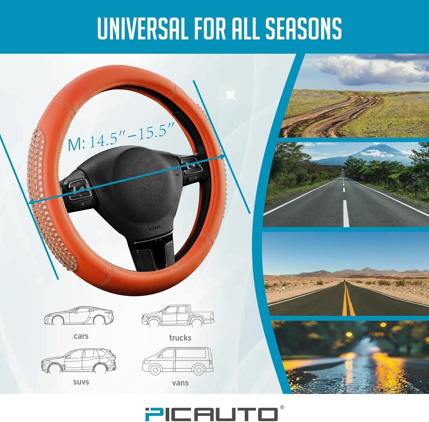 PIC AUTO Gel Particles Steering Wheel Cover, Orange Luxury Leather Car Steering Wheel Protector, Universal Fit 14.5"-15.5" Anti-Slip Car Interior Accessories for Girls & Women