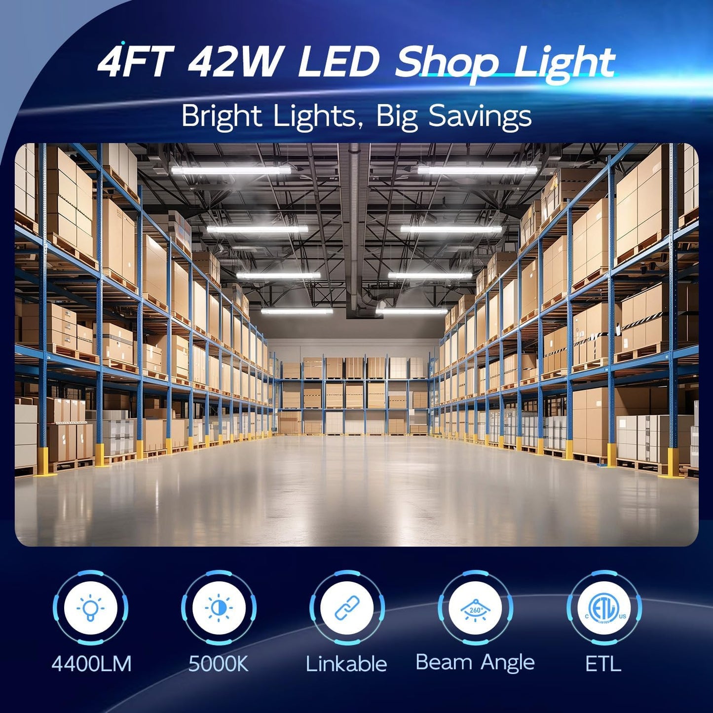 hykolity 6 Pack 4FT Linkable LED Shop Light, Utility Shop Light Fixture, 4400lm, 42W [250W Equivalent], 5000K Daylight Shop Lights for Garage, Hanging or Surface Mount, with Power Cord, ETL,White