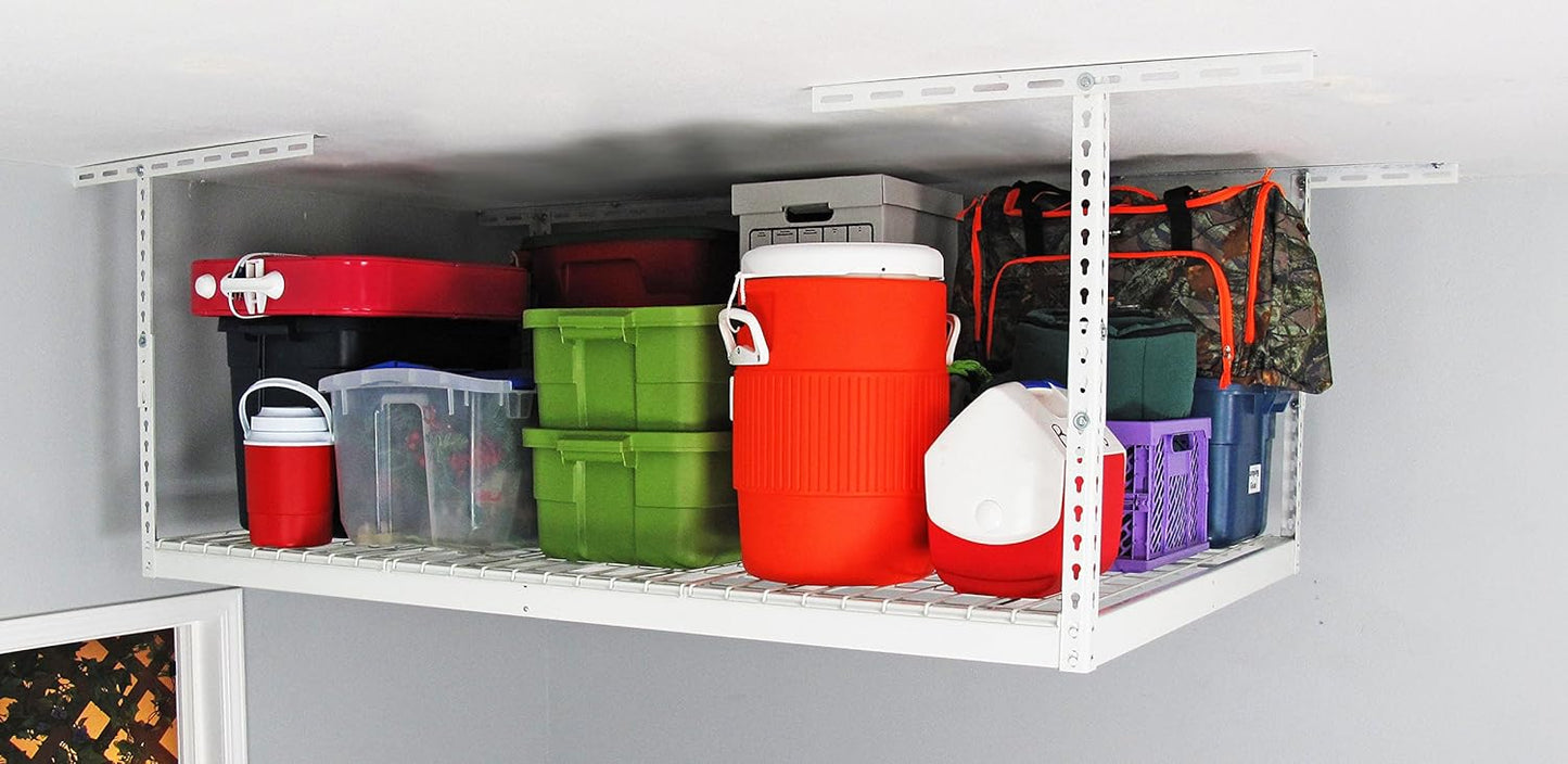 MonsterRax Overhead Garage Storage Racks 4x6, Ceiling Mounted Shelving, Adjustable Hanging Storage Organizer, Heavy Duty Steel, Holds 500 Pounds, Color: White, Adjusts 24"-45” off Ceiling