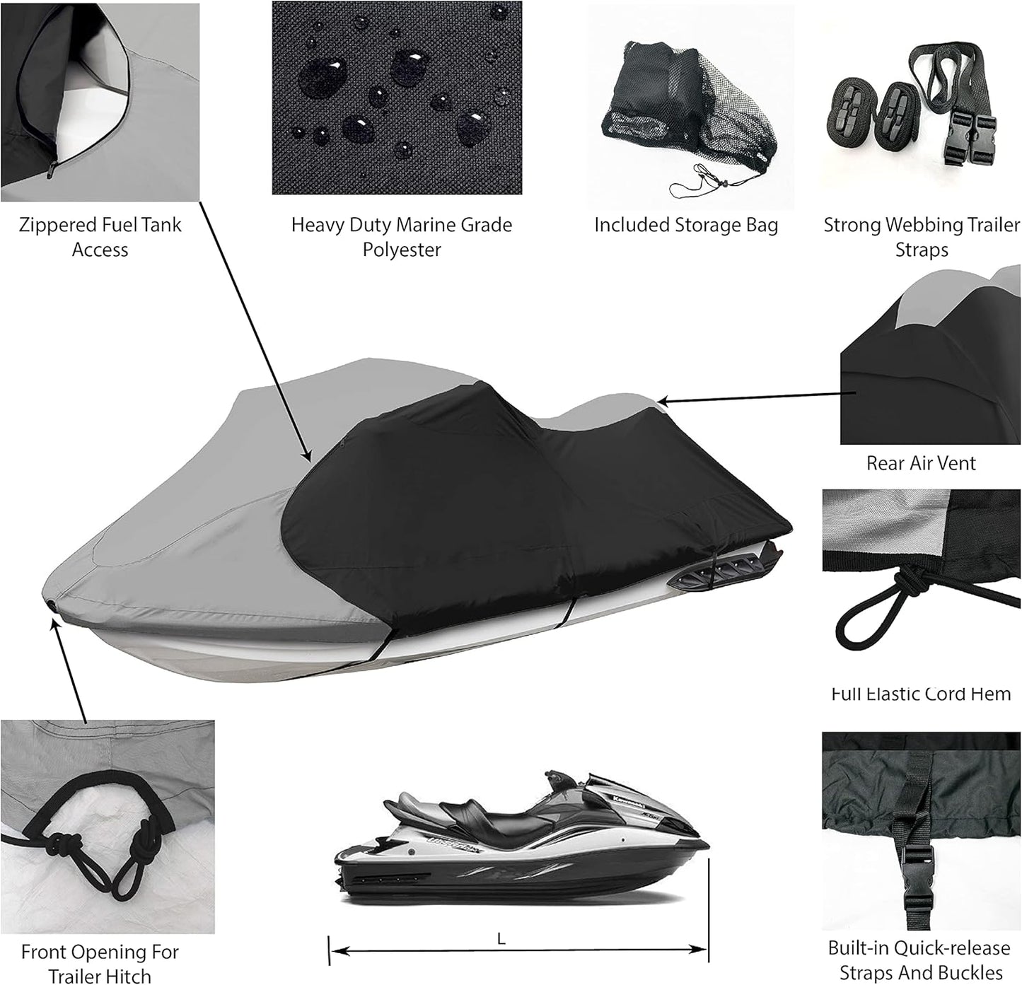 Trailerable Standup Jet Ski Cover, Waterproof Marine Grade 600D Heavy Duty Polyester PWC Cover Gray/Black Color