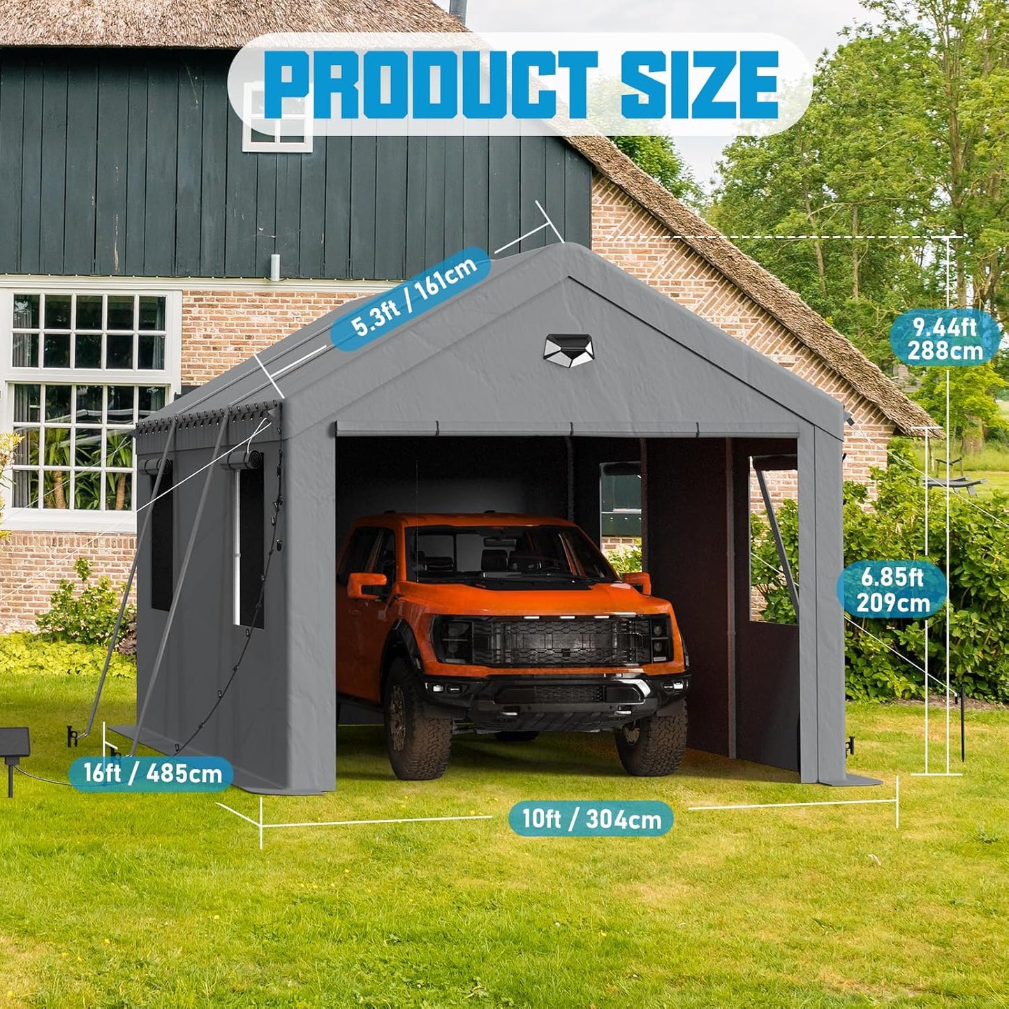 10x16 Carport Canopy, Heavy Duty Car Port, Portable Car Ports Garage with 2 Roll-Up Zipper Drive Through Doors, Grey