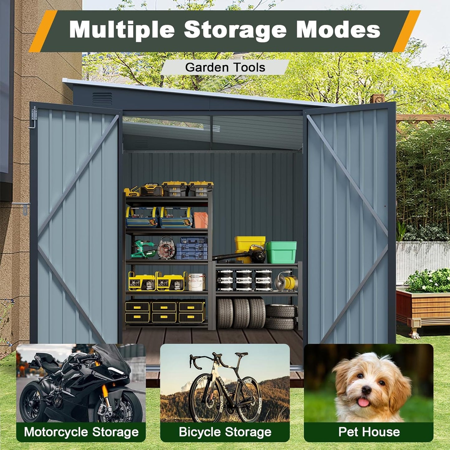 6x8 FT Lean to Shed with Lockable Double Doors, Metal Outdoor Storage Shed with Free PC Light Board for Tools, Outside Storage Shed Waterproof for Backyard, Garden, Patio