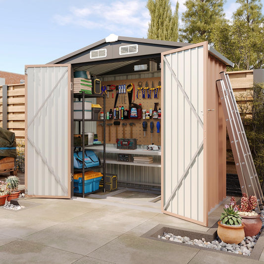 Aoxun 6'x4' Outdoor Storage Shed with Base Galvanized Steel Metal Garden Shed for Patio, Lawn & Garden(Brown, 6' x 4'W/Base)