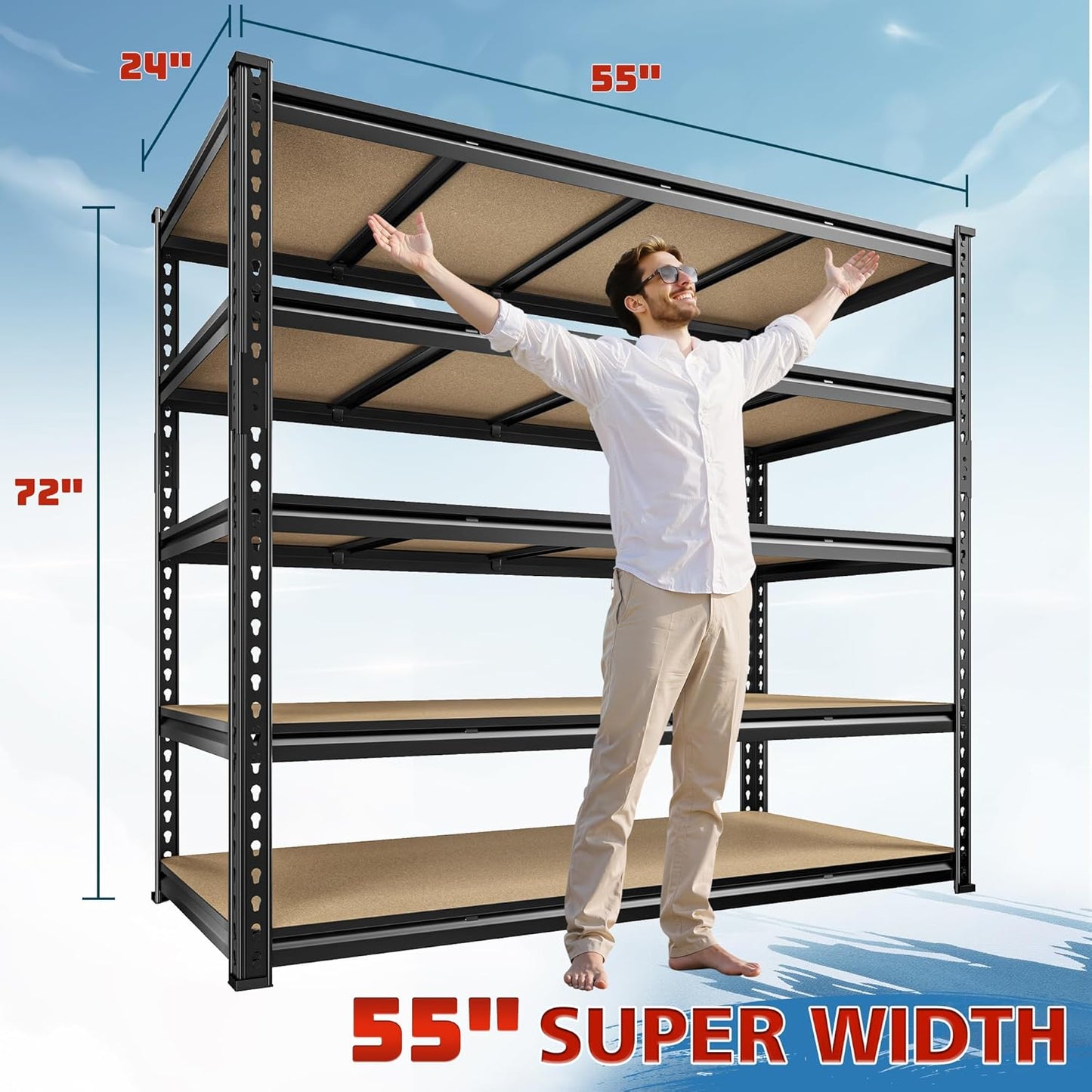 55" W Storage Shelves, 2550LBS Garage Shelving Heavy Duty, 5-Tier Heavy Duty Shelving, Adjustable Metal Shelving Unit for Garage, Warehouse, Pantry, Kitchen, 55" W × 24" D × 72" H, Black