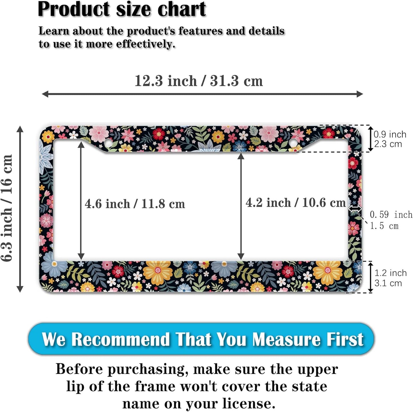 License Plate Protector Multicolor License Plate Frames Colorful Floral Flowers Universal Aluminum Car Accessory 2 Pack with Screw Covers Set