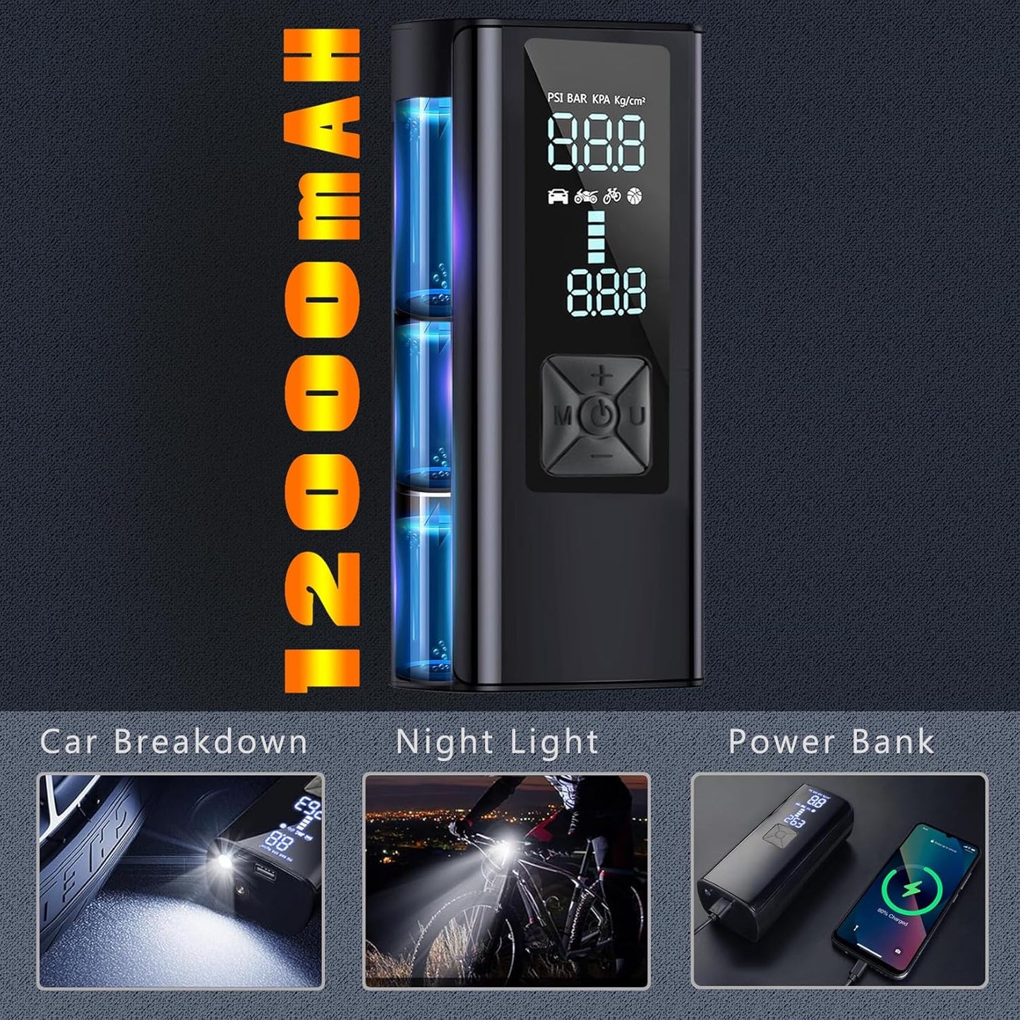 Portable Cordless Tire Inflator Air Compressor Pump for Car Motorcycle Bicycle Digital Pressure Gauge Shut Off LED Light 150PSI Fast Inflation for Tires Balls Sports Equipment