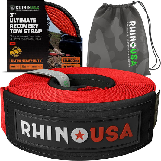 Rhino USA Recovery Tow Strap (3"x20') - 31,518lb Break Strength- Emergency Recovery Strap Tow Rope for Truck, UTV, ATV & More - Heavy Duty Towing Strap for Offroad 4x4 Use - Compatible with Jeep (Red)