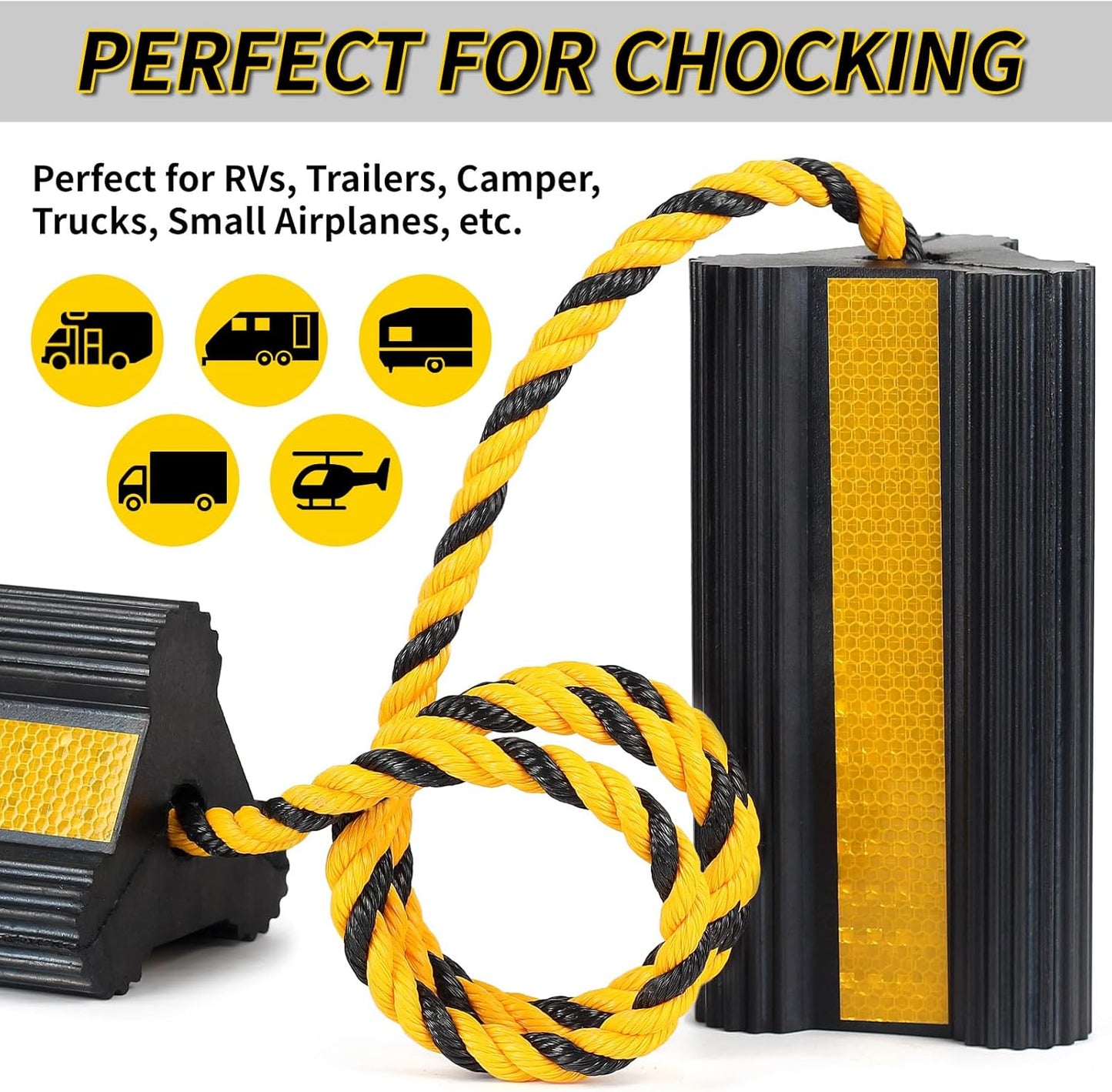 Heavy Duty Rubber Wheel Chocks, 1 Pair, Non-Slip Tire Stopper Blocks with Rope, for RV Camper Travel Trailers Motorhome Aircraft Car Truck