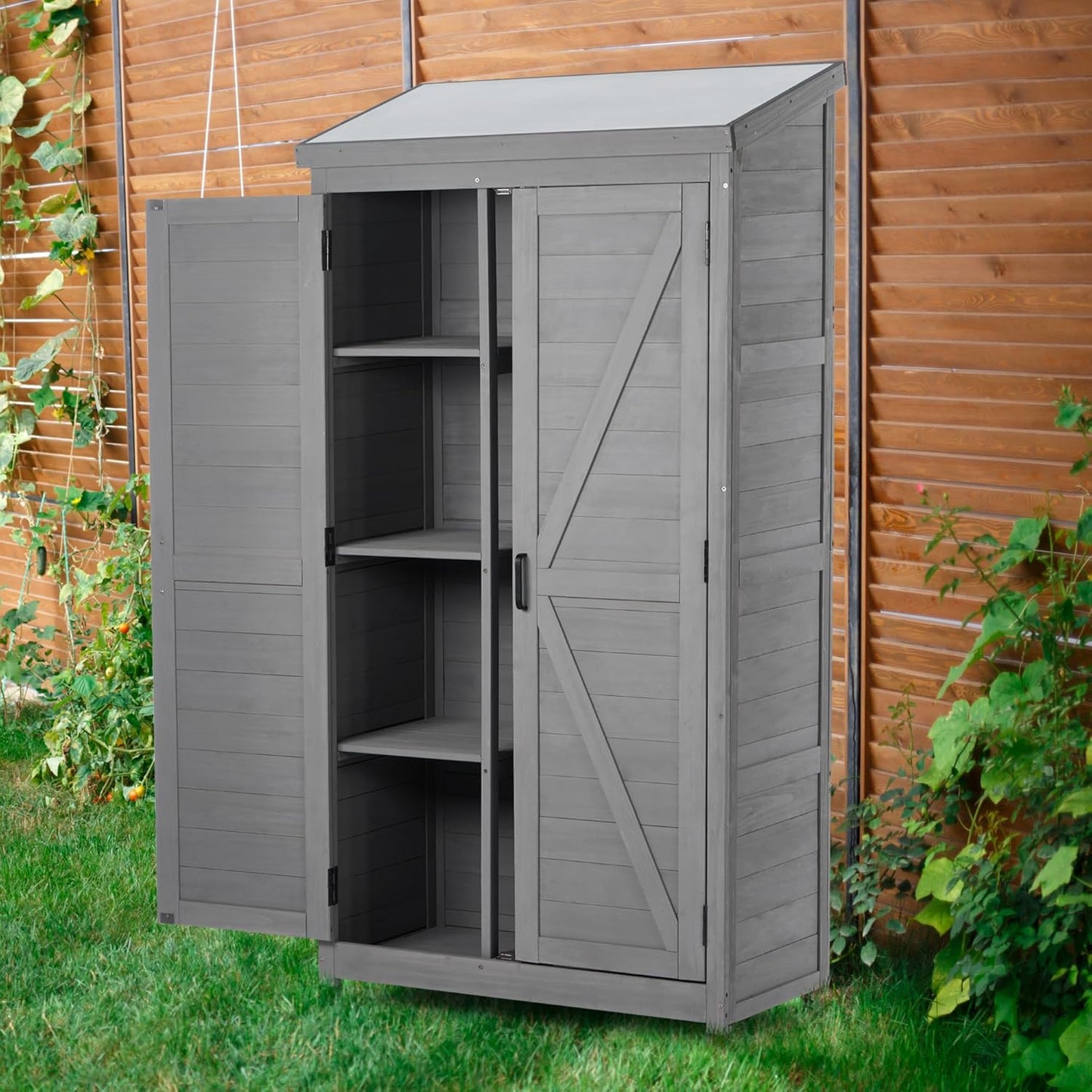 Outdoor Storage Shed Waterproof, Potting Shed with Storage Cabinet and Metal Table Top for Backyard Garden Patio, Outdoor 68 Inches Wood Tall Shed