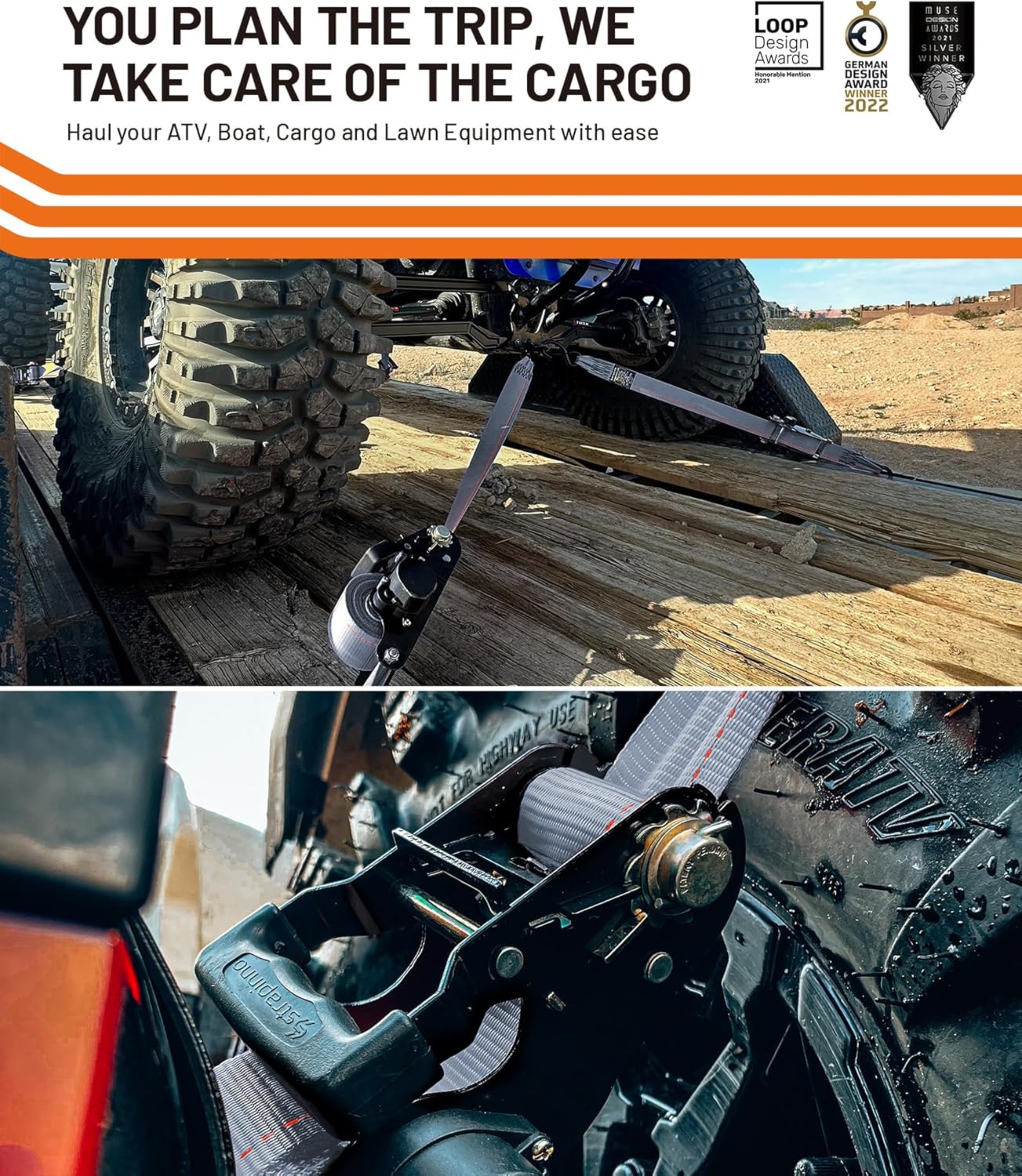 Strapinno Retractable Ratchet Tie-Down Straps,5,000 lbs Breaking Strength- 2 in x 12 ft Heavy Duty Ratchet Strap with Safety Lock S Hooks for Motorcycles, ATVs, UTVs, Lawn Equipment & Cargo (Gray)