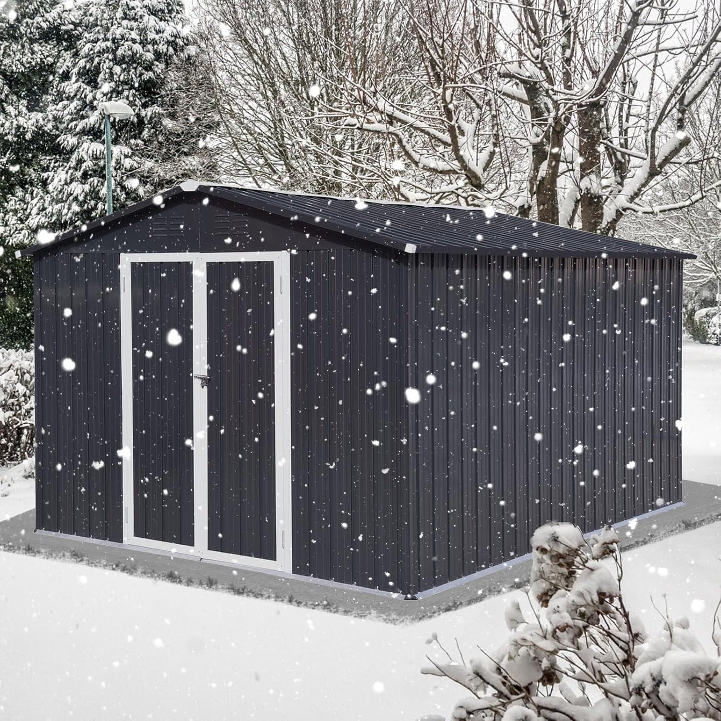 12 x 10 FT Metal Garden Shed, Outdoor Storage Shed with Heavy-Duty Steel Construction, Built-in Punched Vents & Hinged Door, Free Padlock for Secure Backyard, Patio & Garage Storage, Dark Grey