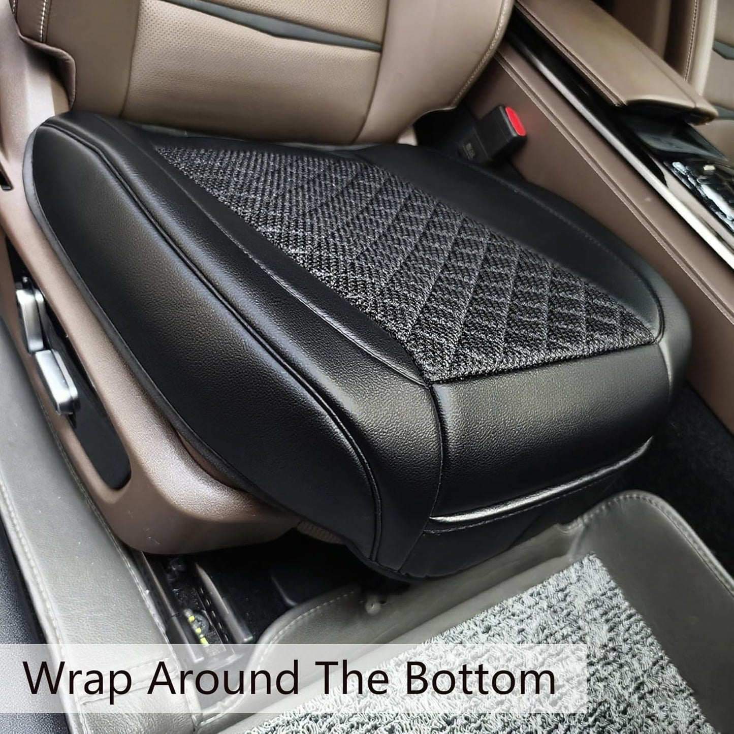 Car Seat Covers,2 Pack Leather Bottom Car Seat Cover Universal Front Seats Only,Ice Silk Auto Seat Cushion Protector Pad Mat Wrap Around The Bottom Black