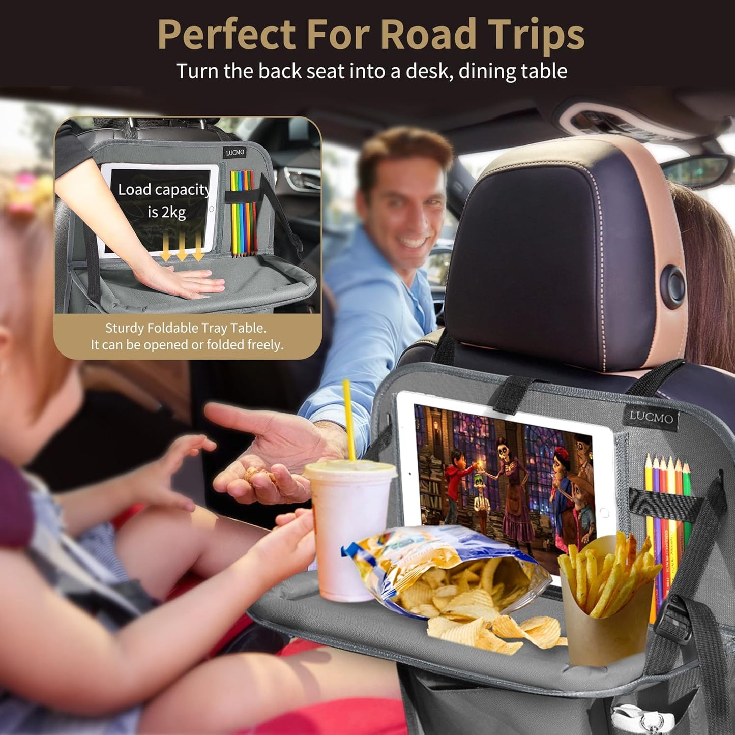 LUCMO Car Backseat Organizer with Tablet Holder-2 Pcs,6 Storage Pockets Car Storage Organizer with Foldable Food Tray Protectors Kick Mats Travel Accessories-Grey